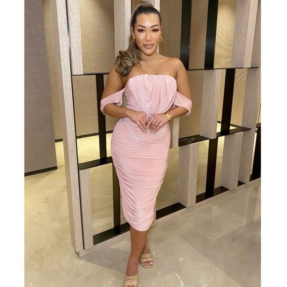 Pink Short Sleeve Off Shoulder Ruched Bodycon Midi Dress - Picture 6 of 14